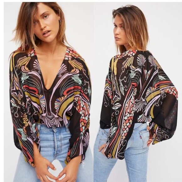 FREE PEOPLE Beneath the Sea Black Print Top size M - Picture 1 of 14